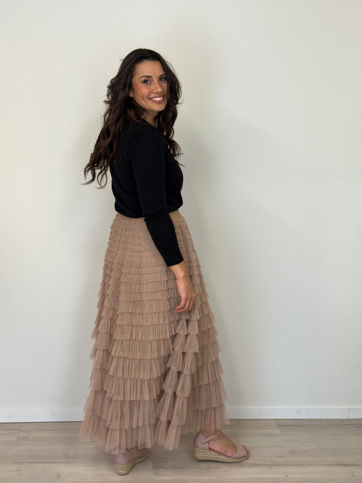 DUNE ROAD_FAIRYTALE TIERED RUFFLE TULLE MESH SKIRT BEIGE _ FAIRYTALE TIERED RUFFLE TULLE MESH SKIRT BEIGE _ Ebony Boutique NZ
