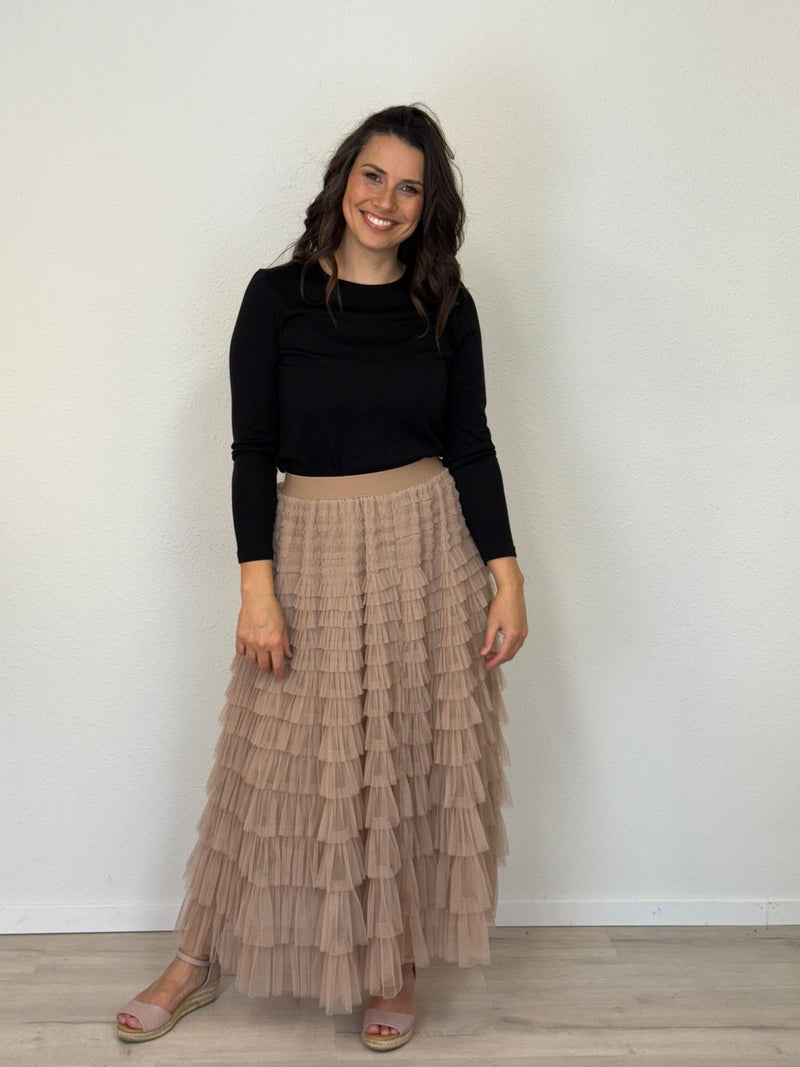 DUNE ROAD_FAIRYTALE TIERED RUFFLE TULLE MESH SKIRT BEIGE _ FAIRYTALE TIERED RUFFLE TULLE MESH SKIRT BEIGE _ Ebony Boutique NZ