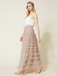 DUNE ROAD_FAIRYTALE TIERED RUFFLE TULLE MESH SKIRT BEIGE _ FAIRYTALE TIERED RUFFLE TULLE MESH SKIRT BEIGE _ Ebony Boutique NZ