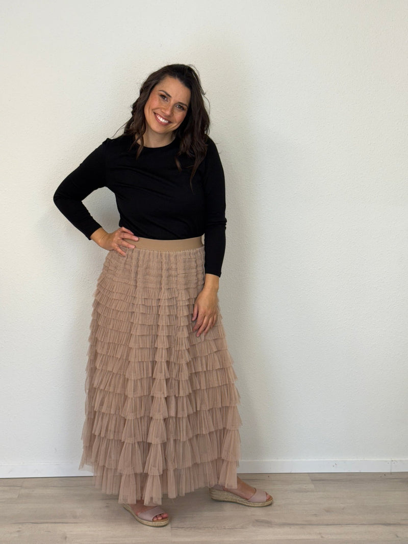 DUNE ROAD_FAIRYTALE TIERED RUFFLE TULLE MESH SKIRT BEIGE _ FAIRYTALE TIERED RUFFLE TULLE MESH SKIRT BEIGE _ Ebony Boutique NZ