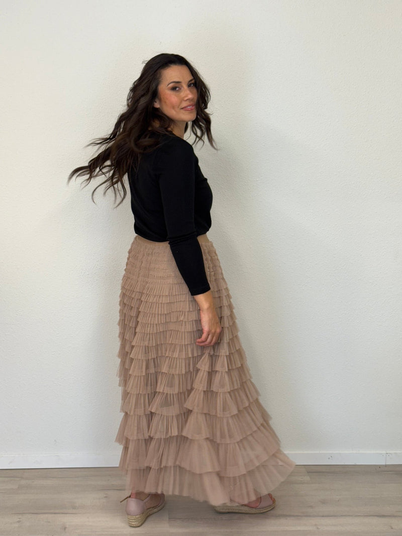 DUNE ROAD_FAIRYTALE TIERED RUFFLE TULLE MESH SKIRT BEIGE _ FAIRYTALE TIERED RUFFLE TULLE MESH SKIRT BEIGE _ Ebony Boutique NZ