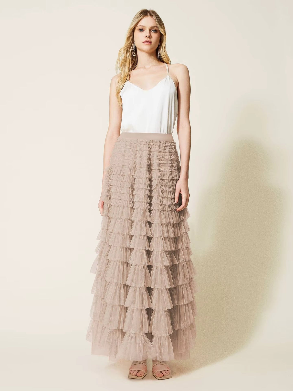 DUNE ROAD_FAIRYTALE TIERED RUFFLE TULLE MESH SKIRT BEIGE _ FAIRYTALE TIERED RUFFLE TULLE MESH SKIRT BEIGE _ Ebony Boutique NZ