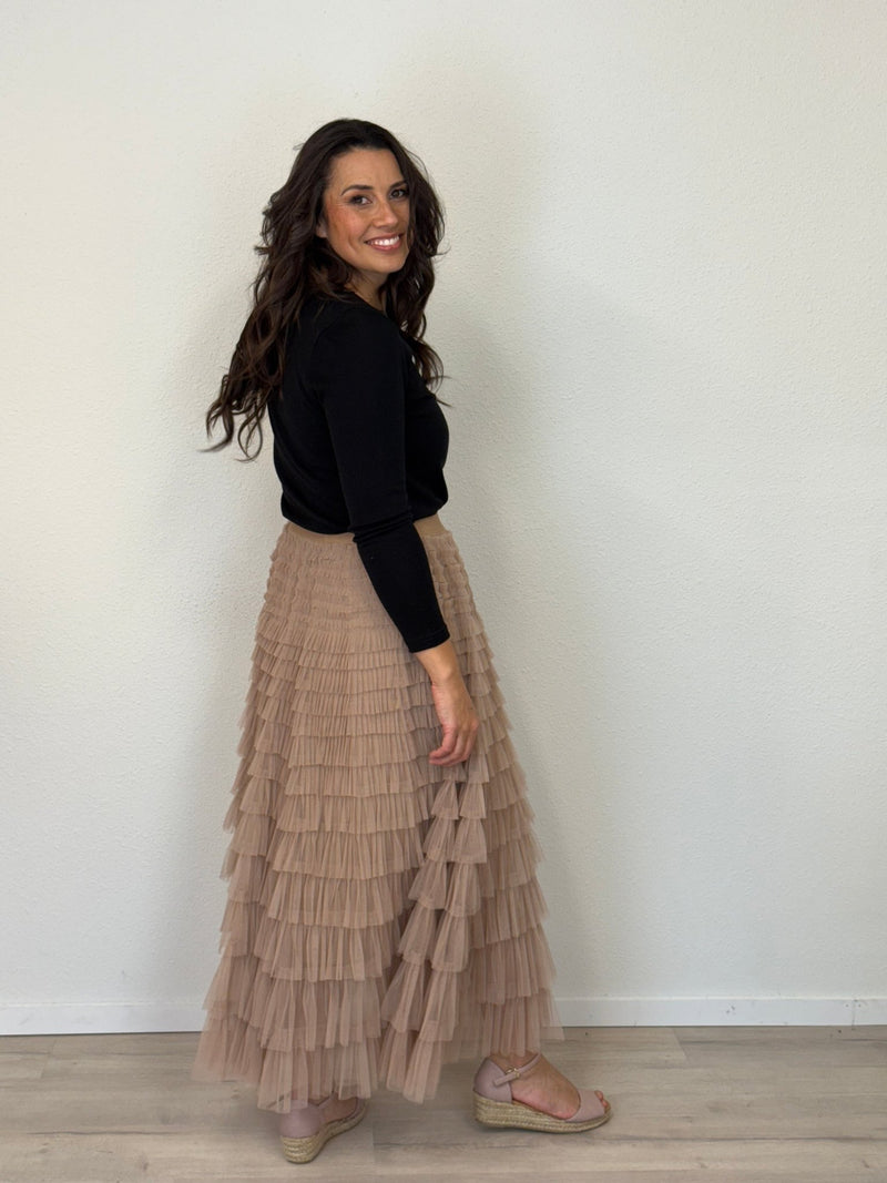 DUNE ROAD_FAIRYTALE TIERED RUFFLE TULLE MESH SKIRT BEIGE _ FAIRYTALE TIERED RUFFLE TULLE MESH SKIRT BEIGE _ Ebony Boutique NZ
