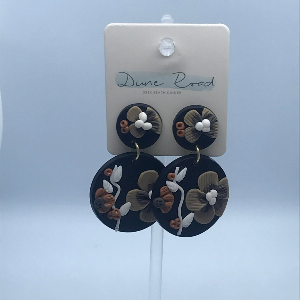 DUNE ROAD_FLORAL POLYMER CLAY EARRINGS BLACK/LATTE/ORANGE _ FLORAL POLYMER CLAY EARRINGS BLACK/LATTE/ORANGE _ Ebony Boutique NZ