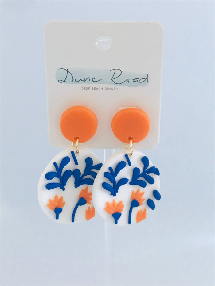 DUNE ROAD_FLORAL POLYMER CLAY EARRINGS ORANGE/BLUE/WHITE _ FLORAL POLYMER CLAY EARRINGS ORANGE/BLUE/WHITE _ Ebony Boutique NZ