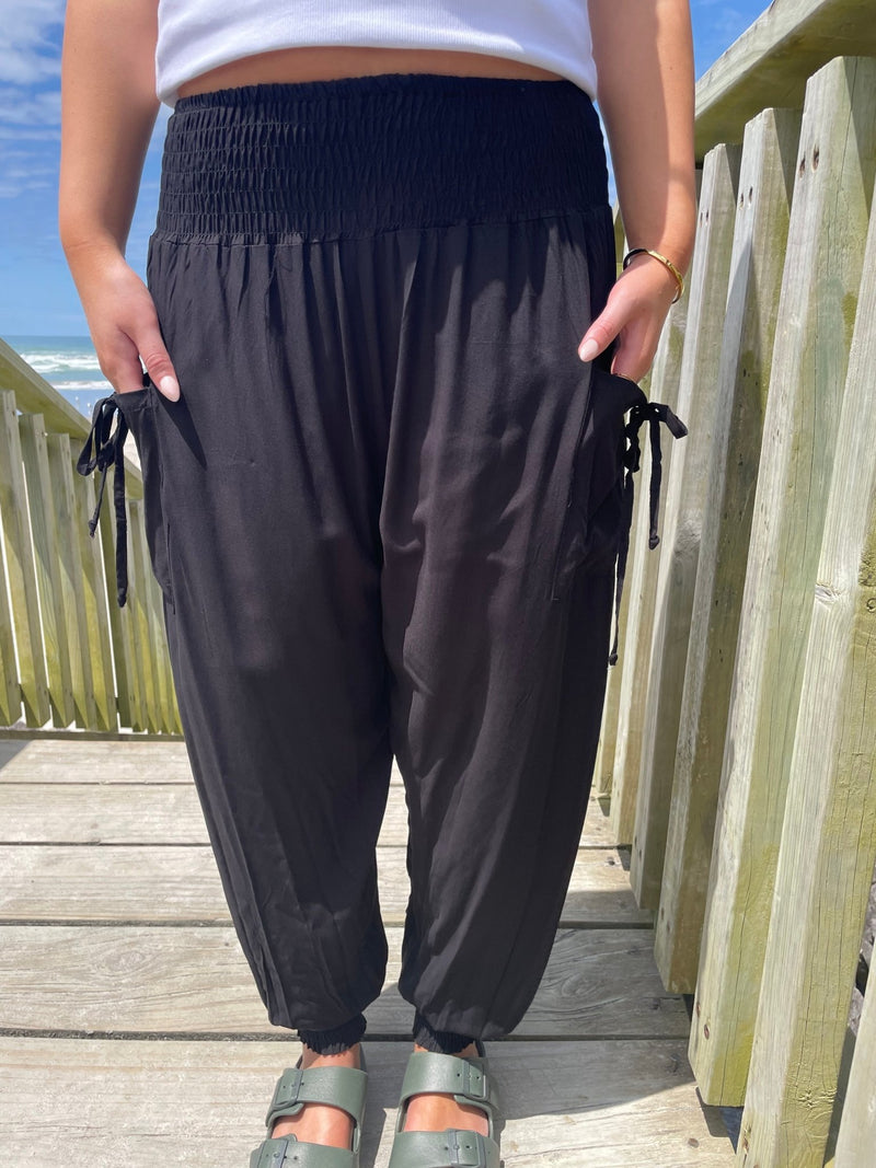 DUNE ROAD_HAREM PANT VISCOSE TIE UP POCKET BLACK _ HAREM PANT VISCOSE TIE UP POCKET BLACK _ Ebony Boutique NZ