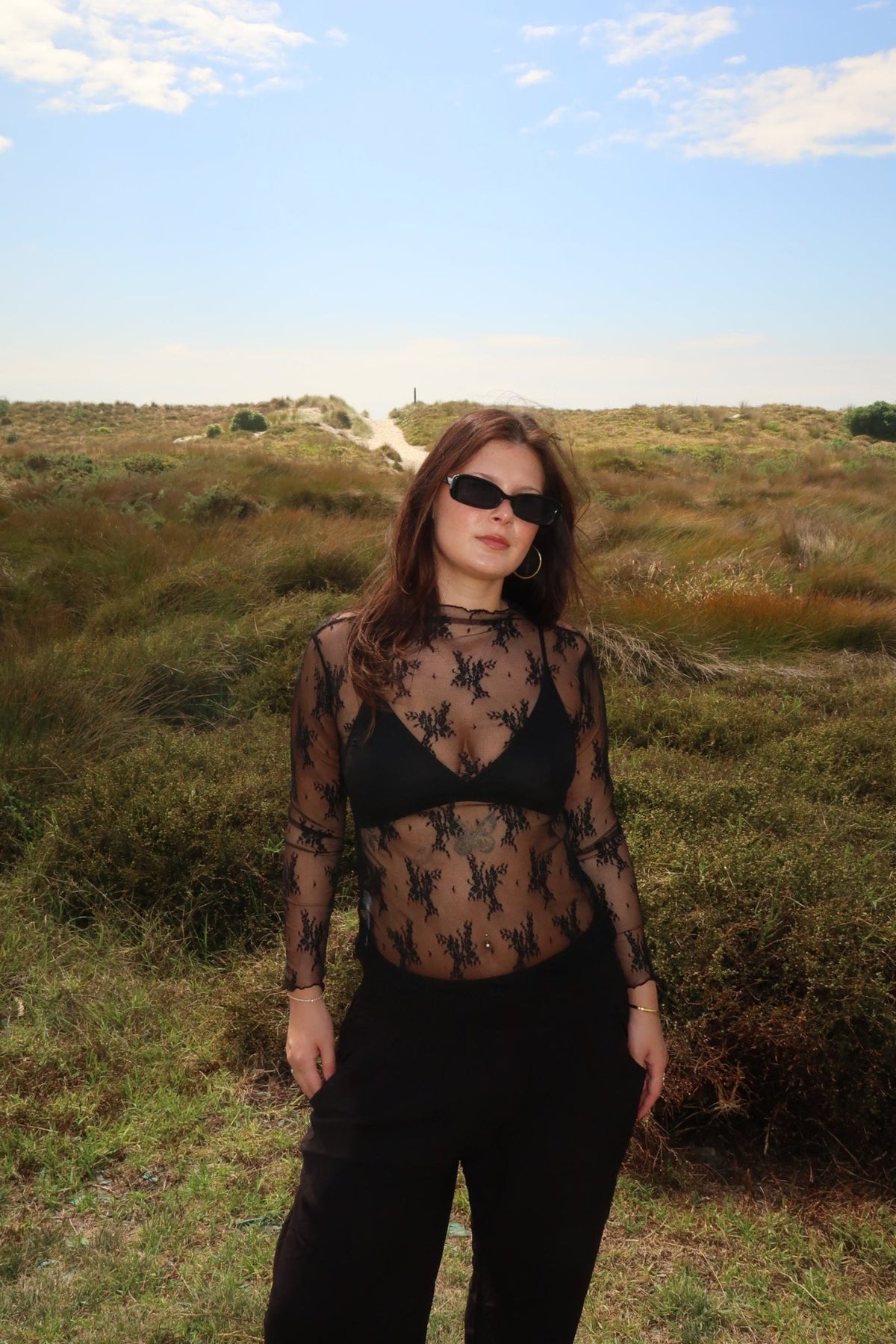 DUNE ROAD_MESH LACE HIGH NECK TOP BLACK _ MESH LACE HIGH NECK TOP BLACK _ Ebony Boutique NZ