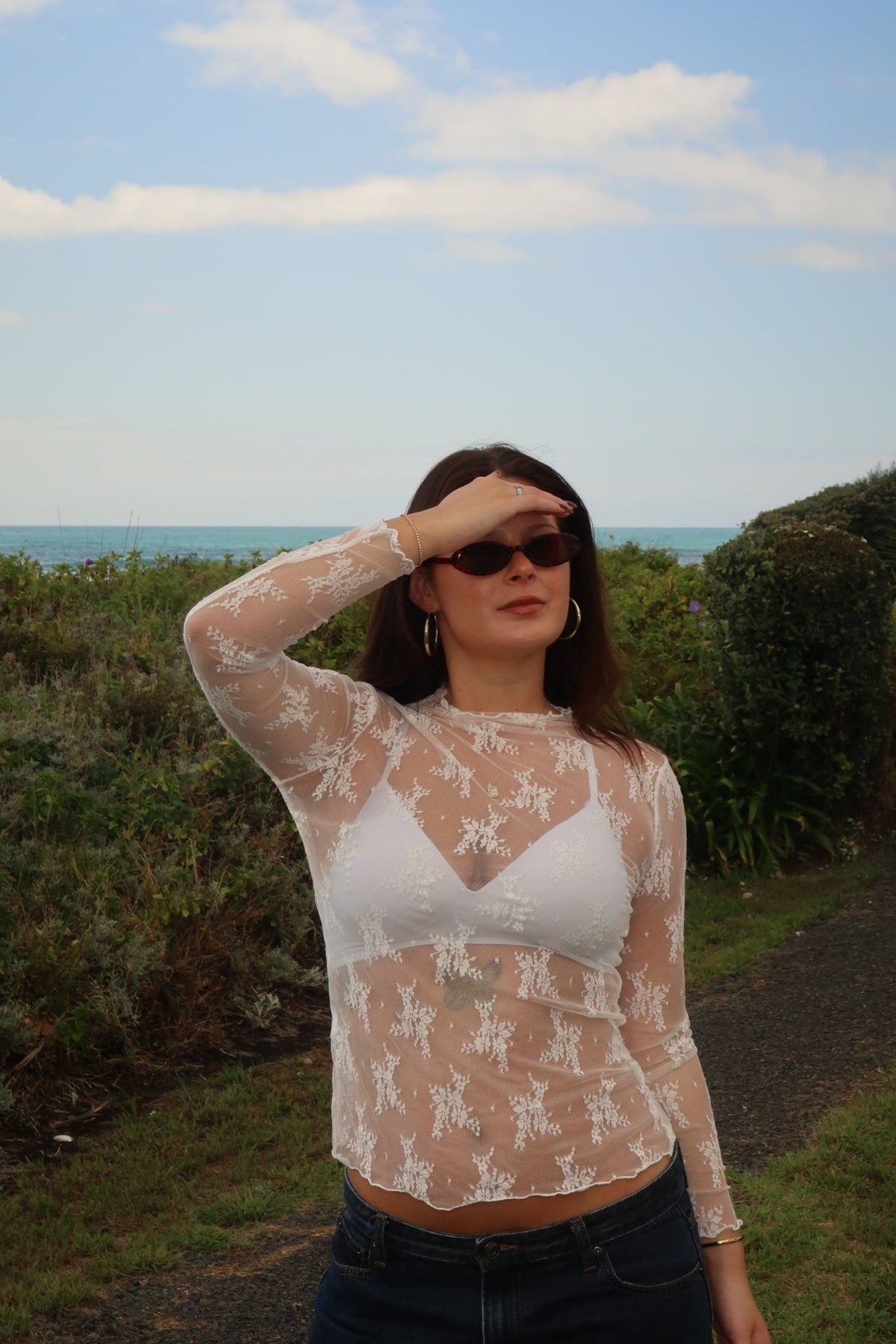 DUNE ROAD_MESH LACE HIGH NECK TOP WHITE _ MESH LACE HIGH NECK TOP WHITE _ Ebony Boutique NZ