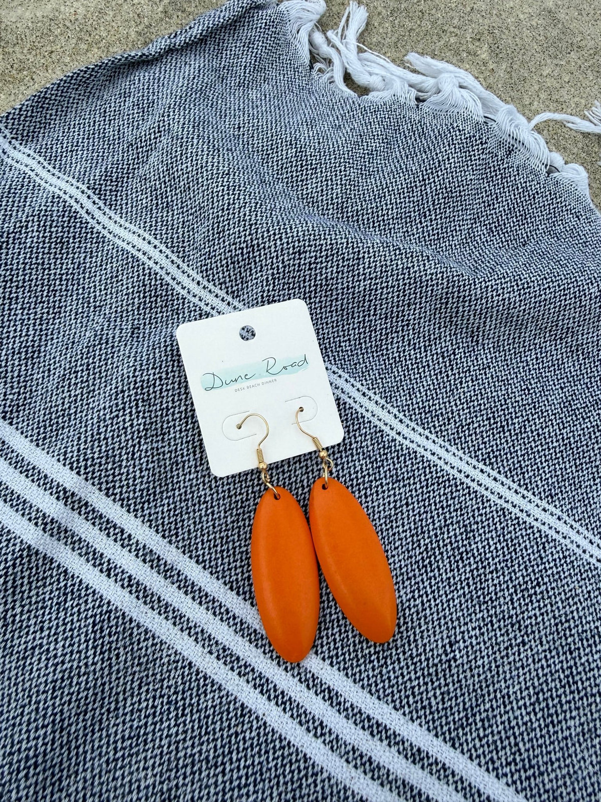 DUNE ROAD_OVAL COLOURED WOOD PENDANT EARRINGS ORANGE _ OVAL COLOURED WOOD PENDANT EARRINGS ORANGE _ Ebony Boutique NZ