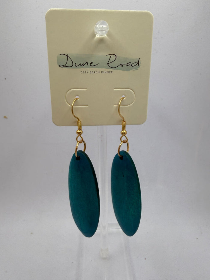 DUNE ROAD_OVAL COLOURED WOOD PENDANT EARRINGS TEAL _ OVAL COLOURED WOOD PENDANT EARRINGS TEAL _ Ebony Boutique NZ