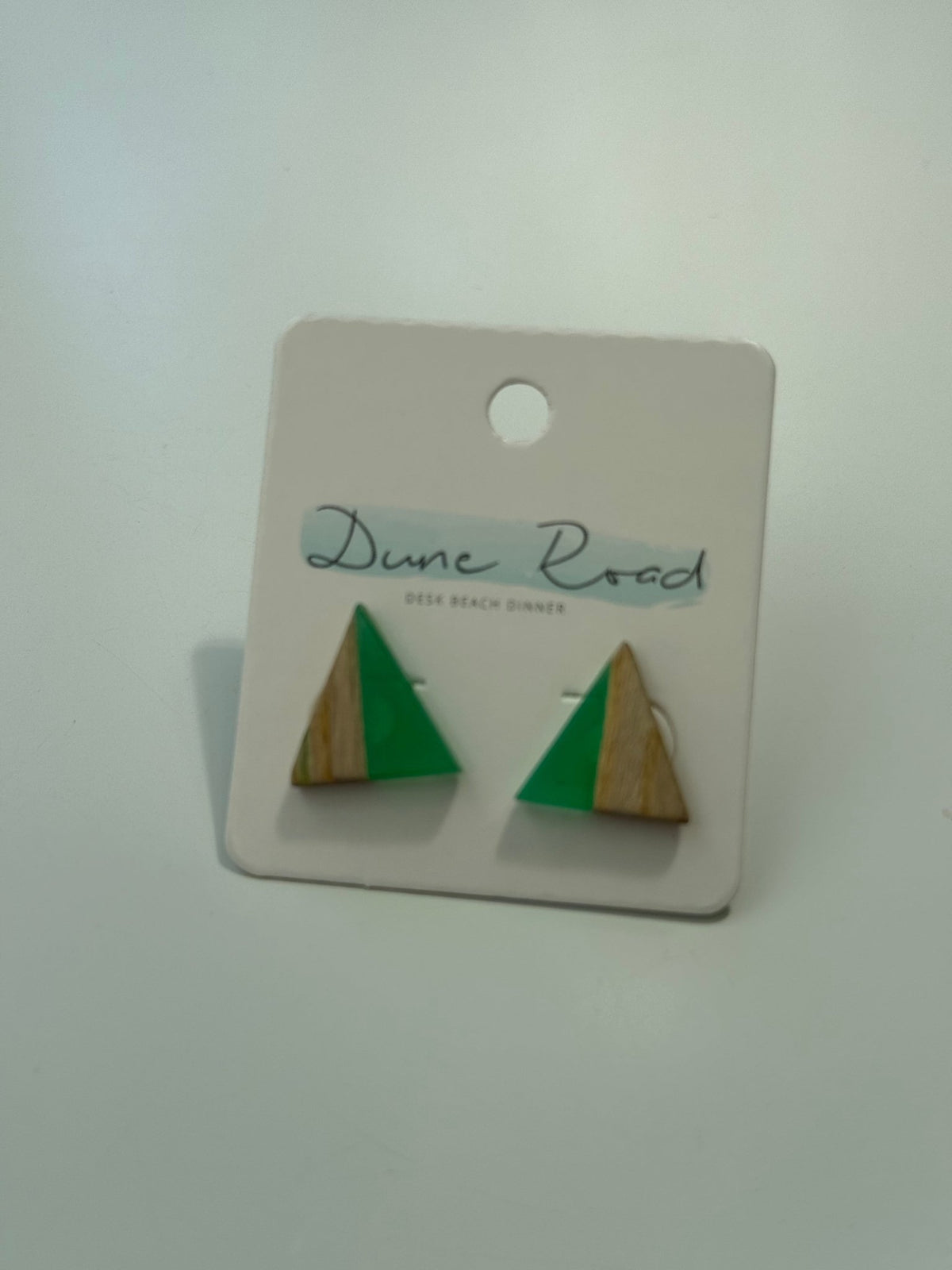 DUNE ROAD_WOOD RESIN EARRINGS TRIANGLE STUD GREEN _ WOOD RESIN EARRINGS TRIANGLE STUD GREEN _ Ebony Boutique NZ