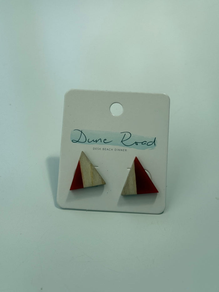 DUNE ROAD_WOOD RESIN EARRINGS TRIANGLE STUD RED _ WOOD RESIN EARRINGS TRIANGLE STUD RED _ Ebony Boutique NZ