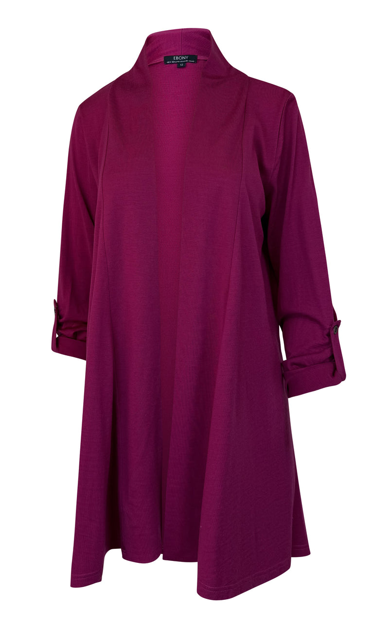 TAB SLEEVE 100% MERINO EDGE TO EDGE A-LINE CARDIGAN RASPBERRY