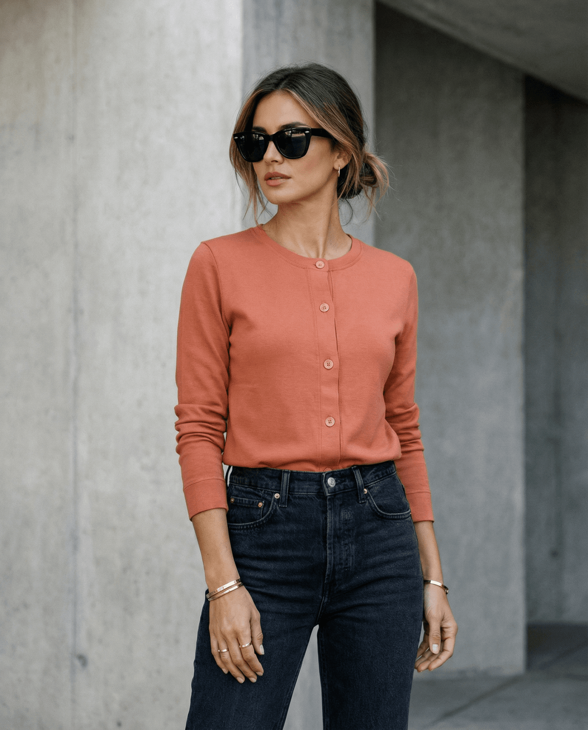 MERINO BUTTON CARDIGAN WOMENS LONG SLEEVE BRICK EBAS501_by_EBONY_women's_in_New Zealand_ MERINO BUTTON CARDIGAN WOMENS LONG SLEEVE BRICK EBAS501 _