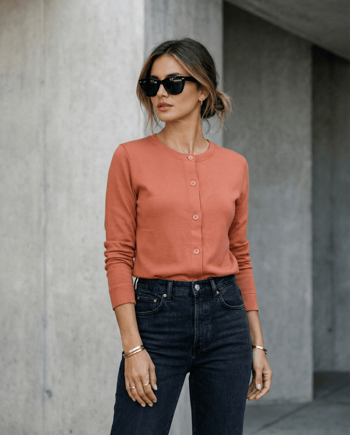 MERINO BUTTON CARDIGAN WOMENS LONG SLEEVE BRICK EBAS501_by_EBONY_women's_in_New Zealand_ MERINO BUTTON CARDIGAN WOMENS LONG SLEEVE BRICK EBAS501 _