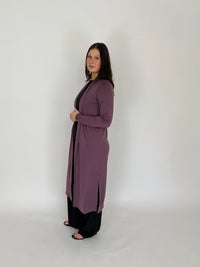 EBONY_MERINO ELONGATED LONGLINE CARDIGAN WITH SPLIT HEM LONG SLEEVES AMETHYST _ MERINO ELONGATED LONGLINE CARDIGAN WITH SPLIT HEM LONG SLEEVES AMETHYST _ Ebony Boutique NZ