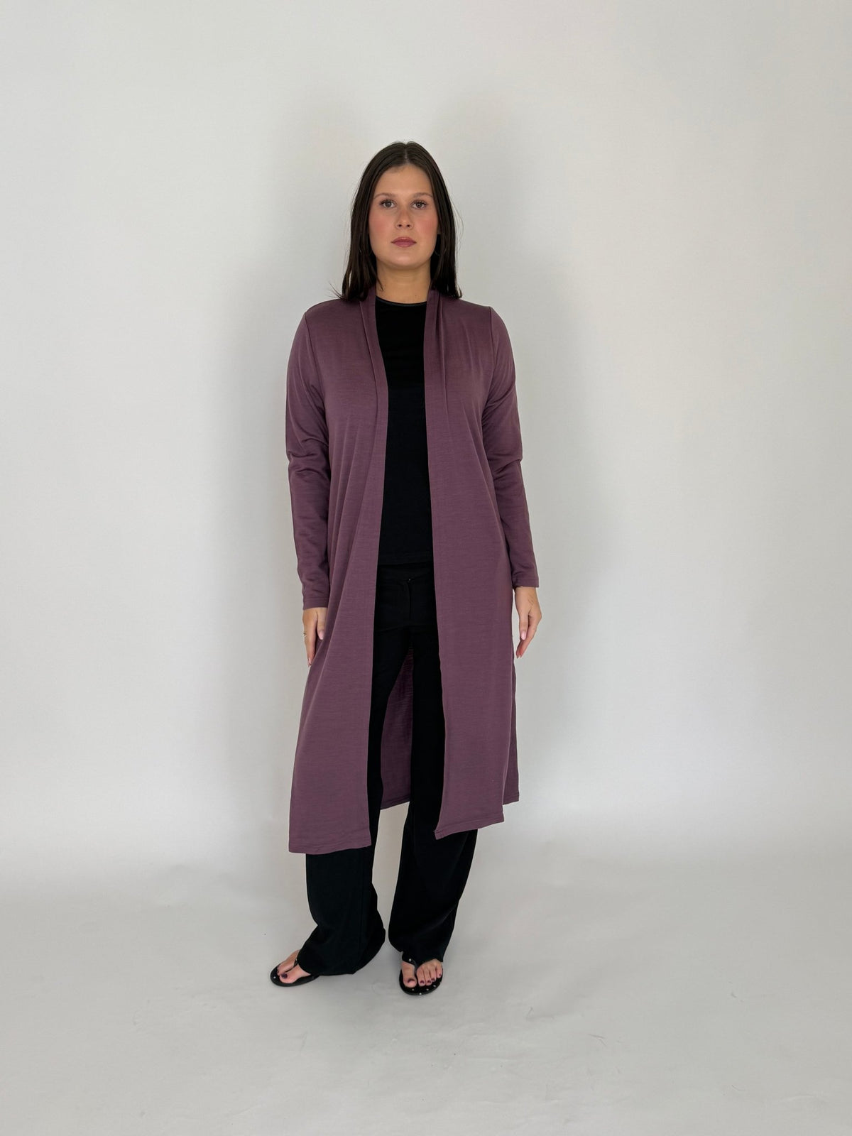 EBONY_MERINO ELONGATED LONGLINE CARDIGAN WITH SPLIT HEM LONG SLEEVES AMETHYST _ MERINO ELONGATED LONGLINE CARDIGAN WITH SPLIT HEM LONG SLEEVES AMETHYST _ Ebony Boutique NZ