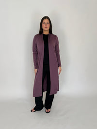 EBONY_MERINO ELONGATED LONGLINE CARDIGAN WITH SPLIT HEM LONG SLEEVES AMETHYST _ MERINO ELONGATED LONGLINE CARDIGAN WITH SPLIT HEM LONG SLEEVES AMETHYST _ Ebony Boutique NZ
