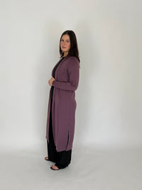 EBONY_MERINO ELONGATED LONGLINE CARDIGAN WITH SPLIT HEM LONG SLEEVES AMETHYST _ MERINO ELONGATED LONGLINE CARDIGAN WITH SPLIT HEM LONG SLEEVES AMETHYST _ Ebony Boutique NZ