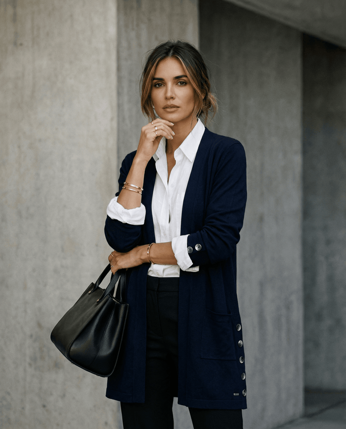 MERINO LONG CARDIGAN WITH POCKETS & BUTTON CUFF/HEM LSLEEVE FRENCH NAVY EBAS430_by_EBONY_women's_in_New Zealand_ MERINO LONG CARDIGAN WITH POCKETS & BUTTON CUFF/HEM LSLEEVE FRENCH NAVY EBAS430 _