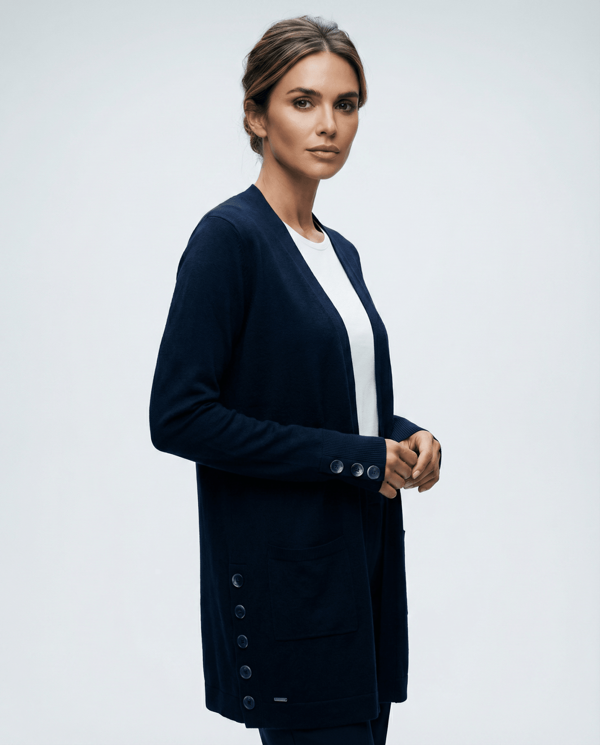 MERINO LONG CARDIGAN WITH POCKETS & BUTTON CUFF/HEM LSLEEVE FRENCH NAVY EBAS430_by_EBONY_women's_in_New Zealand_ MERINO LONG CARDIGAN WITH POCKETS & BUTTON CUFF/HEM LSLEEVE FRENCH NAVY EBAS430 _