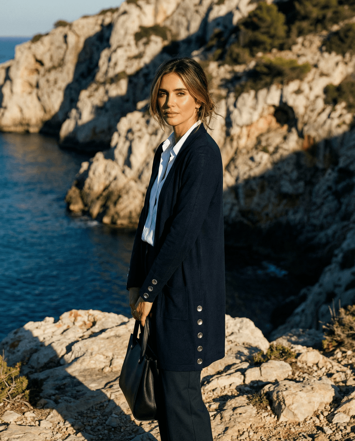MERINO LONG CARDIGAN WITH POCKETS & BUTTON CUFF/HEM LSLEEVE FRENCH NAVY EBAS430_by_EBONY_women's_in_New Zealand_ MERINO LONG CARDIGAN WITH POCKETS & BUTTON CUFF/HEM LSLEEVE FRENCH NAVY EBAS430 _
