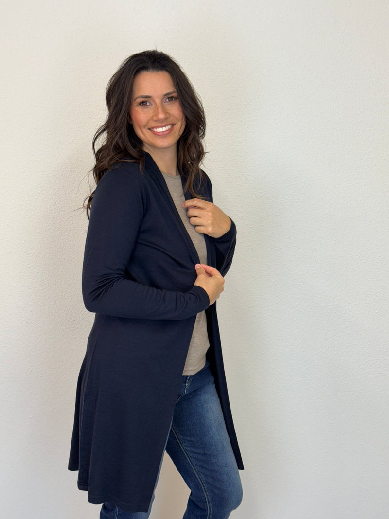 EBONY_MERINO LONGLINE CARDIGAN WITH SPLIT HEM LONG SLEEVES FRENCH NAVY _ MERINO LONGLINE CARDIGAN WITH SPLIT HEM LONG SLEEVES FRENCH NAVY _ Ebony Boutique NZ