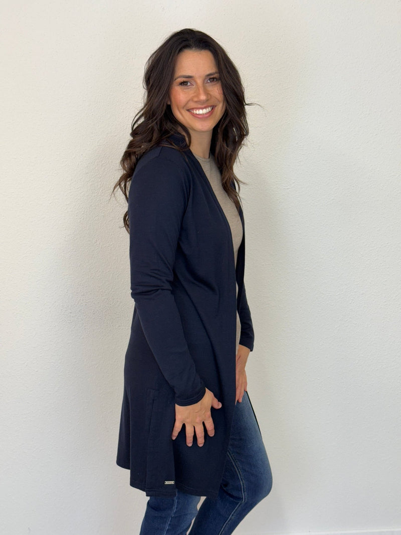 EBONY_MERINO LONGLINE CARDIGAN WITH SPLIT HEM LONG SLEEVES FRENCH NAVY _ MERINO LONGLINE CARDIGAN WITH SPLIT HEM LONG SLEEVES FRENCH NAVY _ Ebony Boutique NZ