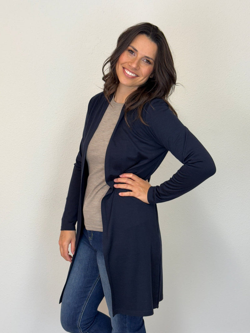 EBONY_MERINO LONGLINE CARDIGAN WITH SPLIT HEM LONG SLEEVES FRENCH NAVY _ MERINO LONGLINE CARDIGAN WITH SPLIT HEM LONG SLEEVES FRENCH NAVY _ Ebony Boutique NZ