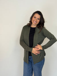 EBONY_MERINO MID LENGTH EDGE TO EDGE WOMENS CARDIGAN KHAKI _ MERINO MID LENGTH EDGE TO EDGE WOMENS CARDIGAN KHAKI _ Ebony Boutique NZ