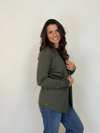 EBONY_MERINO MID LENGTH EDGE TO EDGE WOMENS CARDIGAN KHAKI _ MERINO MID LENGTH EDGE TO EDGE WOMENS CARDIGAN KHAKI _ Ebony Boutique NZ