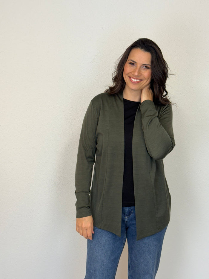 EBONY_MERINO MID LENGTH EDGE TO EDGE WOMENS CARDIGAN KHAKI _ MERINO MID LENGTH EDGE TO EDGE WOMENS CARDIGAN KHAKI _ Ebony Boutique NZ