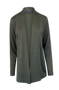 EBONY_MERINO MID LENGTH EDGE TO EDGE WOMENS CARDIGAN KHAKI _ MERINO MID LENGTH EDGE TO EDGE WOMENS CARDIGAN KHAKI _ Ebony Boutique NZ