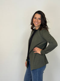 EBONY_MERINO MID LENGTH EDGE TO EDGE WOMENS CARDIGAN KHAKI _ MERINO MID LENGTH EDGE TO EDGE WOMENS CARDIGAN KHAKI _ Ebony Boutique NZ
