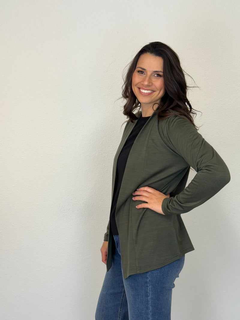 EBONY_MERINO MID LENGTH EDGE TO EDGE WOMENS CARDIGAN KHAKI _ MERINO MID LENGTH EDGE TO EDGE WOMENS CARDIGAN KHAKI _ Ebony Boutique NZ