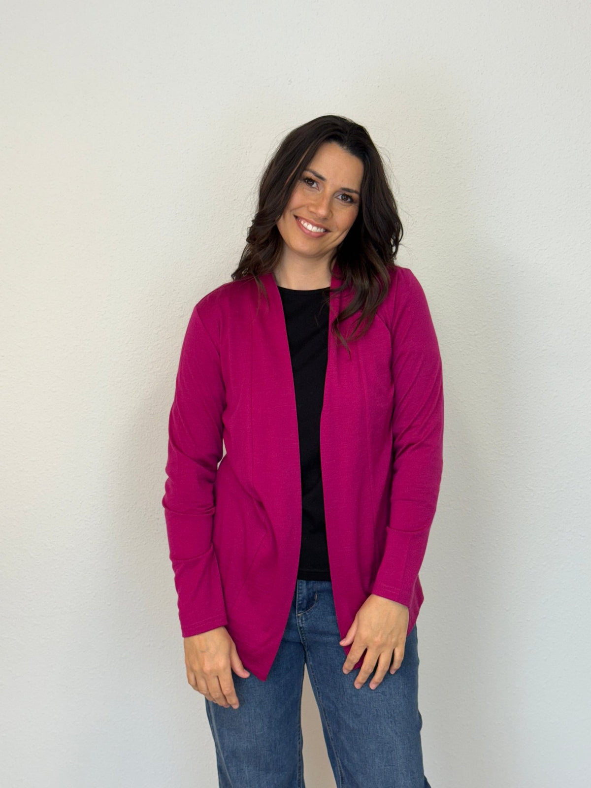 EBONY_MERINO MID LENGTH EDGE TO EDGE WOMENS CARDIGAN RASPBERRY _ MERINO MID LENGTH EDGE TO EDGE WOMENS CARDIGAN RASPBERRY _ Ebony Boutique NZ