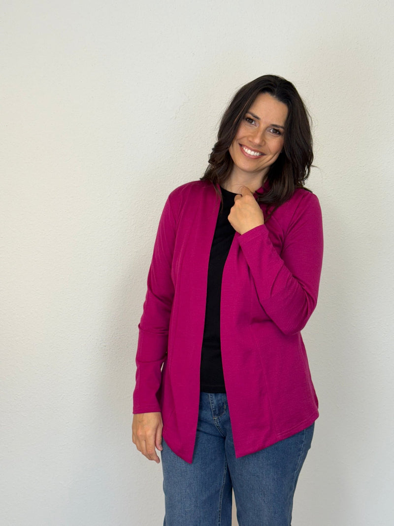 EBONY_MERINO MID LENGTH EDGE TO EDGE WOMENS CARDIGAN RASPBERRY _ MERINO MID LENGTH EDGE TO EDGE WOMENS CARDIGAN RASPBERRY _ Ebony Boutique NZ