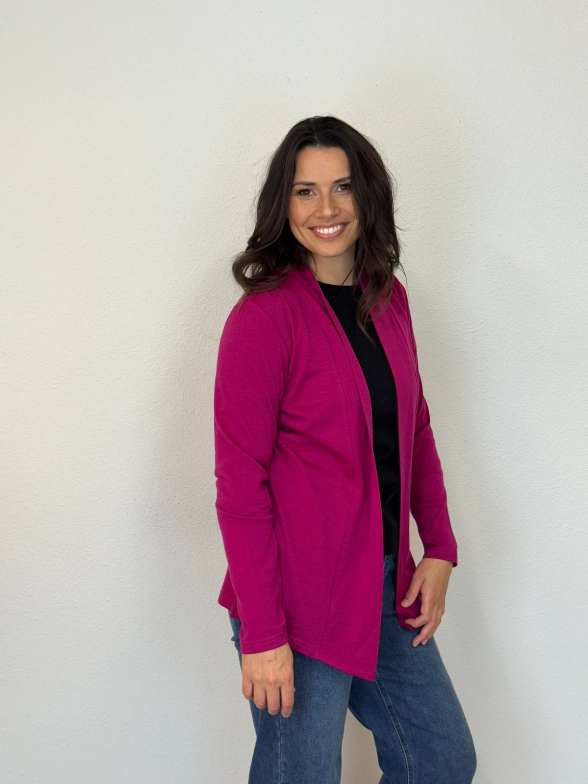 EBONY_MERINO MID LENGTH EDGE TO EDGE WOMENS CARDIGAN RASPBERRY _ MERINO MID LENGTH EDGE TO EDGE WOMENS CARDIGAN RASPBERRY _ Ebony Boutique NZ