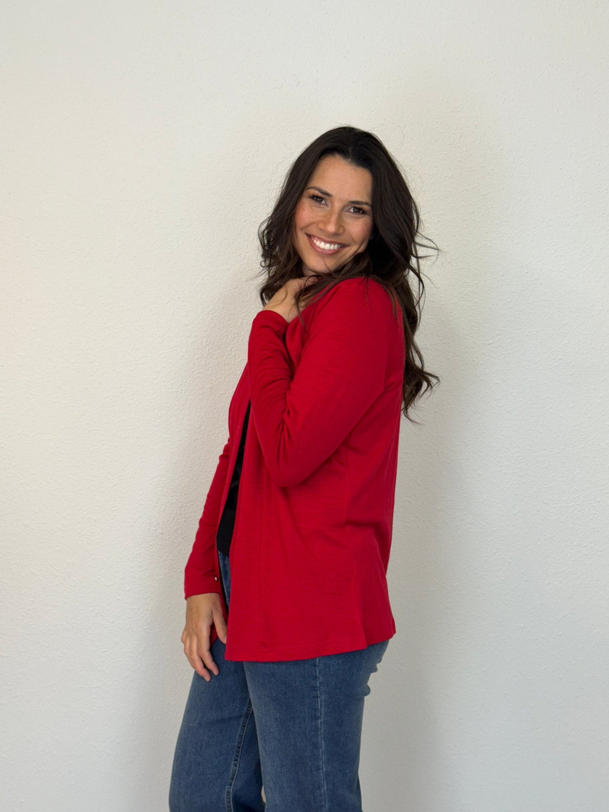 EBONY_MERINO MID LENGTH EDGE TO EDGE WOMENS CARDIGAN RUBY EBAS580RUB _ MERINO MID LENGTH EDGE TO EDGE WOMENS CARDIGAN RUBY EBAS580RUB _ Ebony Boutique NZ