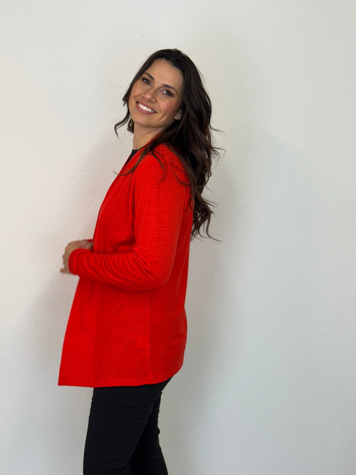 EBONY_MERINO MID LENGTH EDGE TO EDGE WOMENS CARDIGAN TANGERINE _ MERINO MID LENGTH EDGE TO EDGE WOMENS CARDIGAN TANGERINE _ Ebony Boutique NZ