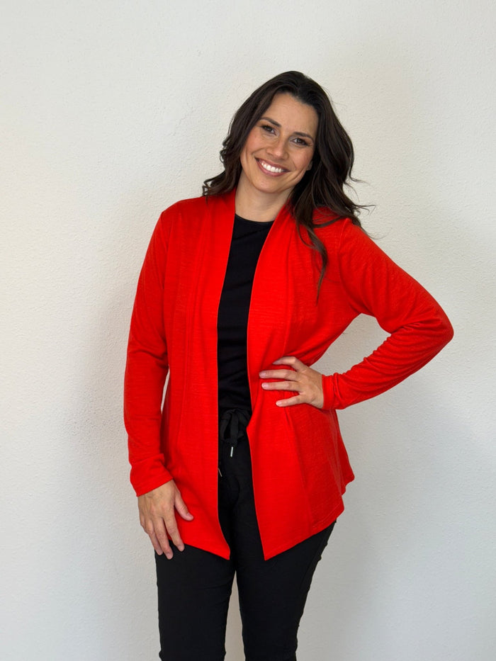 EBONY_MERINO MID LENGTH EDGE TO EDGE WOMENS CARDIGAN TANGERINE _ MERINO MID LENGTH EDGE TO EDGE WOMENS CARDIGAN TANGERINE _ Ebony Boutique NZ