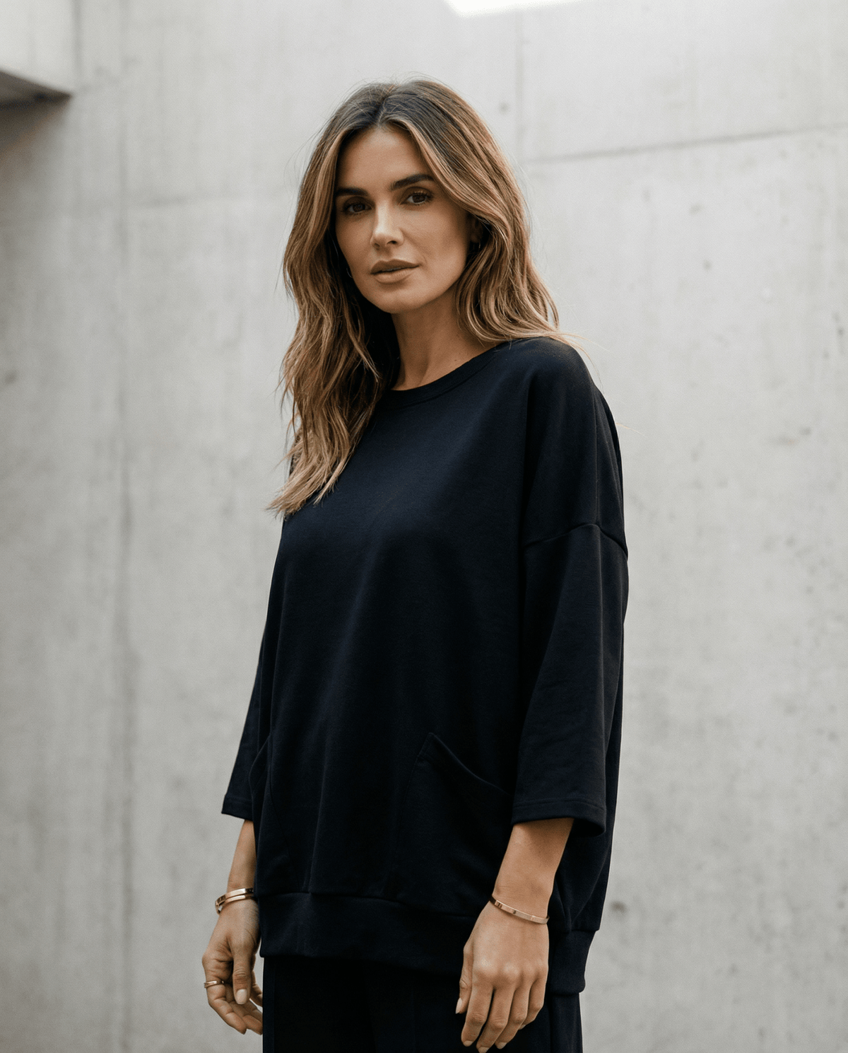 MERINO SWEATER WITH FRONT POCKETS & 3/4 SLEEVES BLACK EBAS483_by_EBONY_women's_in_New Zealand_ MERINO SWEATER WITH FRONT POCKETS & 3/4 SLEEVES BLACK EBAS483 _