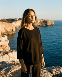 MERINO SWEATER WITH FRONT POCKETS & 3/4 SLEEVES BLACK EBAS483_by_EBONY_women's_in_New Zealand_ MERINO SWEATER WITH FRONT POCKETS & 3/4 SLEEVES BLACK EBAS483 _