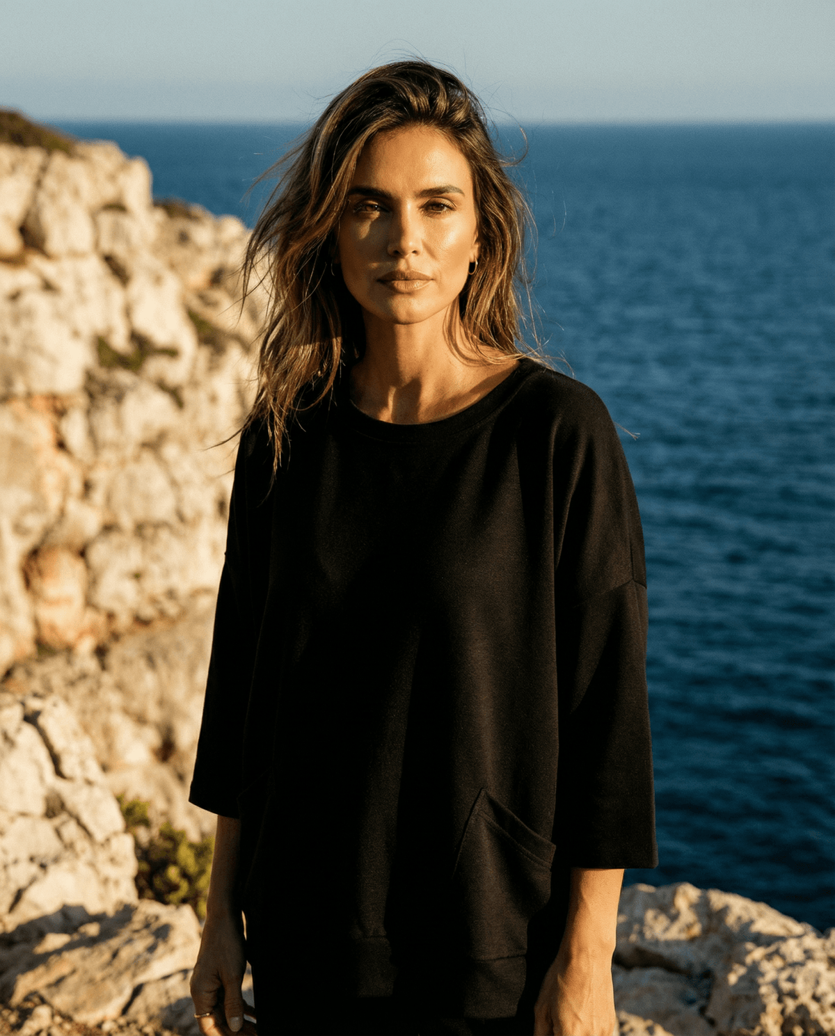 MERINO SWEATER WITH FRONT POCKETS & 3/4 SLEEVES BLACK EBAS483_by_EBONY_women's_in_New Zealand_ MERINO SWEATER WITH FRONT POCKETS & 3/4 SLEEVES BLACK EBAS483 _