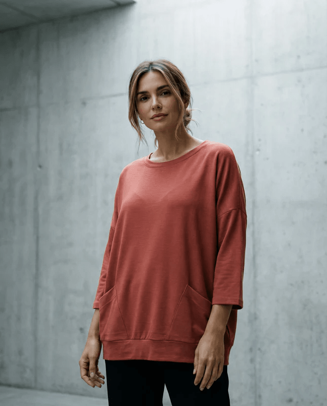 MERINO SWEATER WITH FRONT POCKETS & 3/4 SLEEVES BRICK EBAS453_by_EBONY_women's_in_New Zealand_ MERINO SWEATER WITH FRONT POCKETS & 3/4 SLEEVES BRICK EBAS453 _
