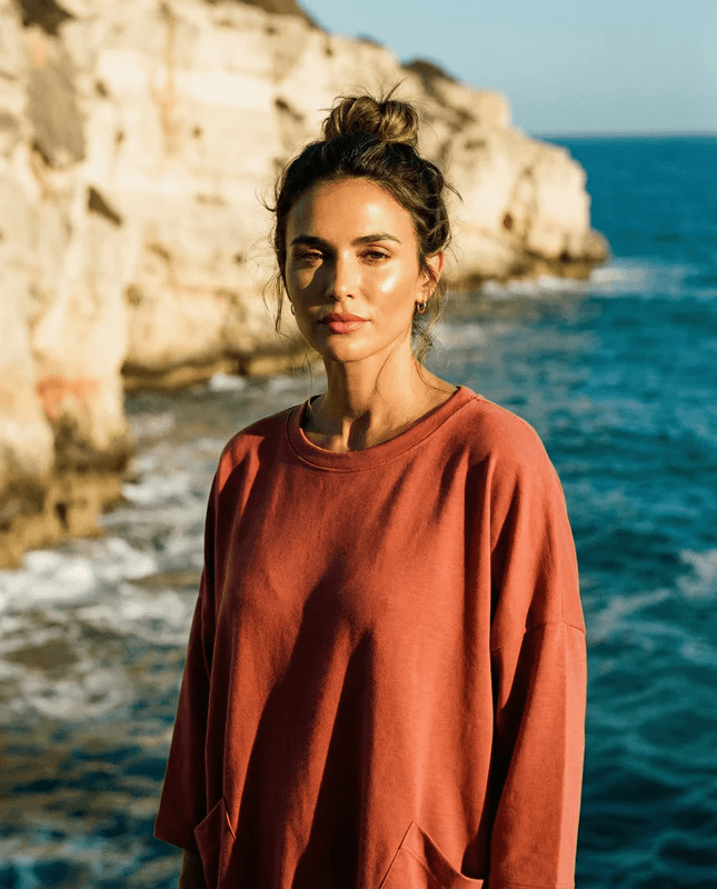 MERINO SWEATER WITH FRONT POCKETS & 3/4 SLEEVES BRICK EBAS453_by_EBONY_women's_in_New Zealand_ MERINO SWEATER WITH FRONT POCKETS & 3/4 SLEEVES BRICK EBAS453 _