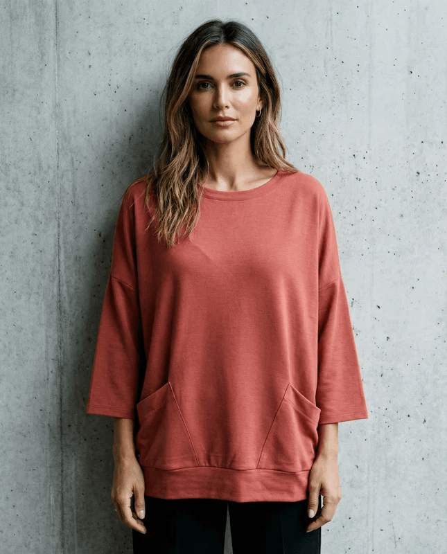 MERINO SWEATER WITH FRONT POCKETS & 3/4 SLEEVES BRICK EBAS453_by_EBONY_women's_in_New Zealand_ MERINO SWEATER WITH FRONT POCKETS & 3/4 SLEEVES BRICK EBAS453 _