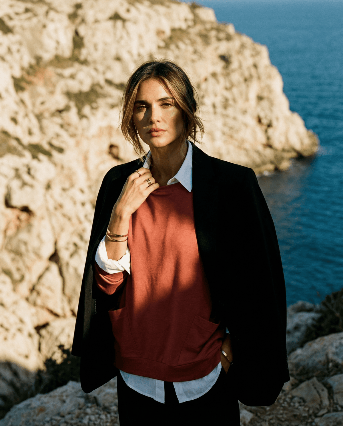 MERINO SWEATER WITH FRONT POCKETS & 3/4 SLEEVES BRICK EBAS483_by_EBONY_women's_in_New Zealand_ MERINO SWEATER WITH FRONT POCKETS & 3/4 SLEEVES BRICK EBAS483 _