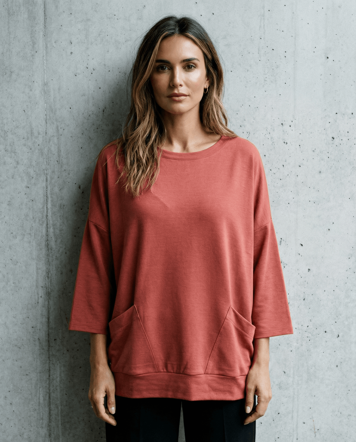 MERINO SWEATER WITH FRONT POCKETS & 3/4 SLEEVES BRICK EBAS483_by_EBONY_women's_in_New Zealand_ MERINO SWEATER WITH FRONT POCKETS & 3/4 SLEEVES BRICK EBAS483 _
