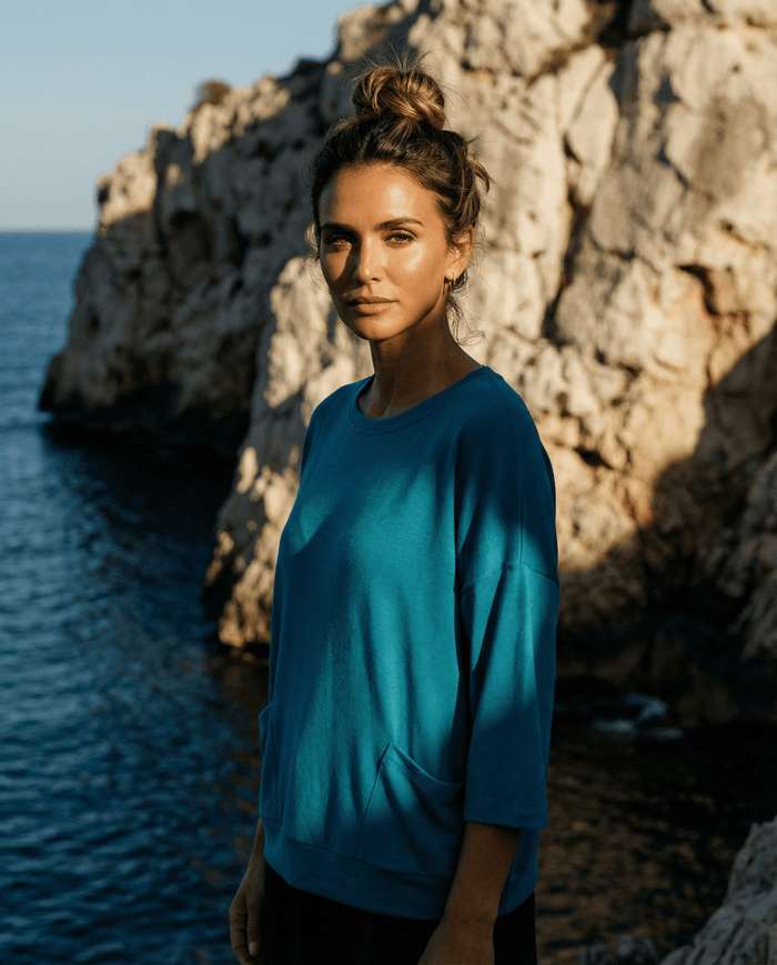 MERINO SWEATER WITH FRONT POCKETS & 3/4 SLEEVES DRAGONFLY EBAS483DRA_by_EBONY_women's_in_New Zealand_ MERINO SWEATER WITH FRONT POCKETS & 3/4 SLEEVES DRAGONFLY EBAS483DRA _